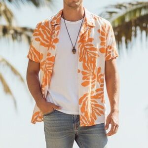 Express Men’s Textured Fig Leaf Vacay Cotton Spandex Orange White Shirt NWT M